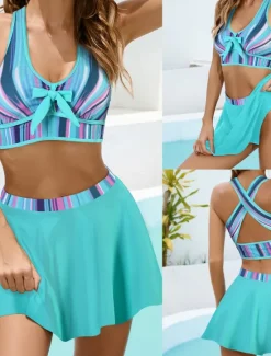 Outlet Women's Swimwear Bikini 2 Piece Skirt Swimsuit Backless Slim Vacation Beach Wear Stripe Halter Neck Sleeveless Bathing Suits Women Bikinis