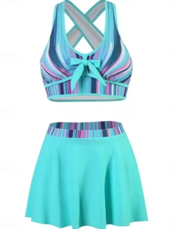 Outlet Women's Swimwear Bikini 2 Piece Skirt Swimsuit Backless Slim Vacation Beach Wear Stripe Halter Neck Sleeveless Bathing Suits Women Bikinis