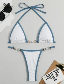 Sale Women's Swimwear Bikini 2 Piece Thong Swimsuit Backless Patchwork Slim Vacation Beach Wear Solid Color V Neck Sleeveless Bathing Suits Women Bikinis