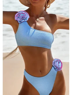 Hot Women's Swimwear Bikini 2 Piece Thong Swimsuit Backless Slim Vacation Beach Wear Solid Color Asymmetric Neck Sleeveless Bathing Suits Women Bikinis