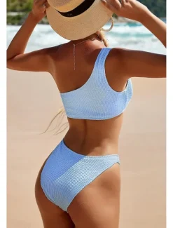 Hot Women's Swimwear Bikini 2 Piece Thong Swimsuit Backless Slim Vacation Beach Wear Solid Color Asymmetric Neck Sleeveless Bathing Suits Women Bikinis