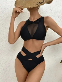 Sale Women's Swimwear Bikini 2 Piece Cheeky Swimsuit Backless Slim Vacation Beach Wear Solid Color U Neck Sleeveless Bathing Suits Women Bikinis