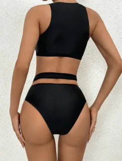 Sale Women's Swimwear Bikini 2 Piece Cheeky Swimsuit Backless Slim Vacation Beach Wear Solid Color U Neck Sleeveless Bathing Suits Women Bikinis
