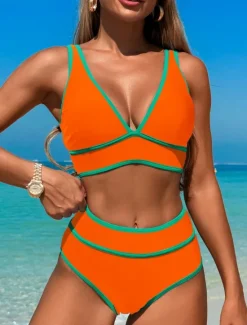 New Women's Swimwear Bikini 2 Piece Briefs Swimsuit Backless Slim Vacation Beach Wear Solid Color V Neck Sleeveless Bathing Suits Women Bikinis