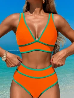 New Women's Swimwear Bikini 2 Piece Briefs Swimsuit Backless Slim Vacation Beach Wear Solid Color V Neck Sleeveless Bathing Suits Women Bikinis