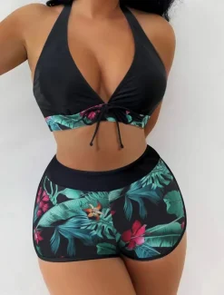 Hot Women's Swimwear Bikini 2 Piece Boy Leg Swimsuit Backless High Waist Slim Vacation Beach Wear Graphic Halter Neck Sleeveless Bathing Suits Women Bikinis