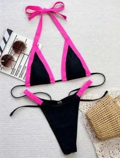 Best Women's Swimwear Bikini 2 Piece Thong Swimsuit Backless Slim Vacation Beach Wear Solid Color Halter Neck Sleeveless Bathing Suits Women Bikinis