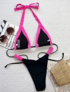 Best Women's Swimwear Bikini 2 Piece Thong Swimsuit Backless Slim Vacation Beach Wear Solid Color Halter Neck Sleeveless Bathing Suits Women Bikinis