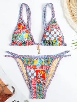 Women's Swimwear Bikini 2 Piece Cheeky Swimsuit Backless Slim Vacation Beach Wear Graphic Color Block V Neck Sleeveless Bathing Suits Women Bikinis
