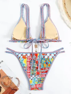 Women's Swimwear Bikini 2 Piece Cheeky Swimsuit Backless Slim Vacation Beach Wear Graphic Color Block V Neck Sleeveless Bathing Suits Women Bikinis