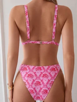Sale Women's Swimwear Bikini 2 Piece Cheeky Swimsuit Backless High Waist Slim Vacation Beach Wear Floral V Neck Sleeveless Bathing Suits Women Bikinis