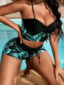 New Women's Swimwear Bikini 2 Piece Boy Leg Swimsuit Backless Slim Vacation Beach Wear Leaves V Neck Sleeveless Bathing Suits Women Bikinis