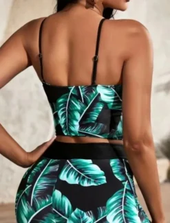 New Women's Swimwear Bikini 2 Piece Boy Leg Swimsuit Backless Slim Vacation Beach Wear Leaves V Neck Sleeveless Bathing Suits Women Bikinis