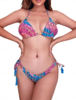 Best Women's Swimwear Bikini 2 Piece Thong Swimsuit Backless Slim Vacation Beach Wear Color Block Halter Neck Sleeveless Bathing Suits Women Bikinis