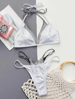 Hot Women's Swimwear Bikini 2 Piece Thong Swimsuit Backless Glitter Slim Vacation Beach Wear Solid Color Halter Neck Sleeveless Bathing Suits Women Bikinis