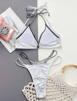 Hot Women's Swimwear Bikini 2 Piece Thong Swimsuit Backless Glitter Slim Vacation Beach Wear Solid Color Halter Neck Sleeveless Bathing Suits Women Bikinis