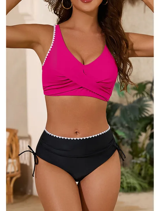 Clearance Women's Swimwear Bikini 2 Piece Swimsuit Ruched Backless Tropical Beach Wear Color Block U Neck Sleeveless Bathing Suits Women Bikinis