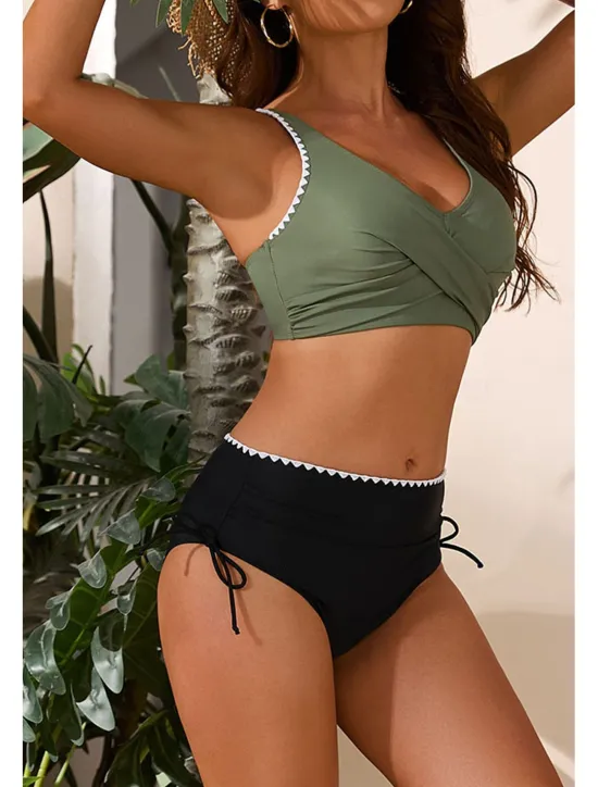 Clearance Women's Swimwear Bikini 2 Piece Swimsuit Ruched Backless Tropical Beach Wear Color Block U Neck Sleeveless Bathing Suits Women Bikinis