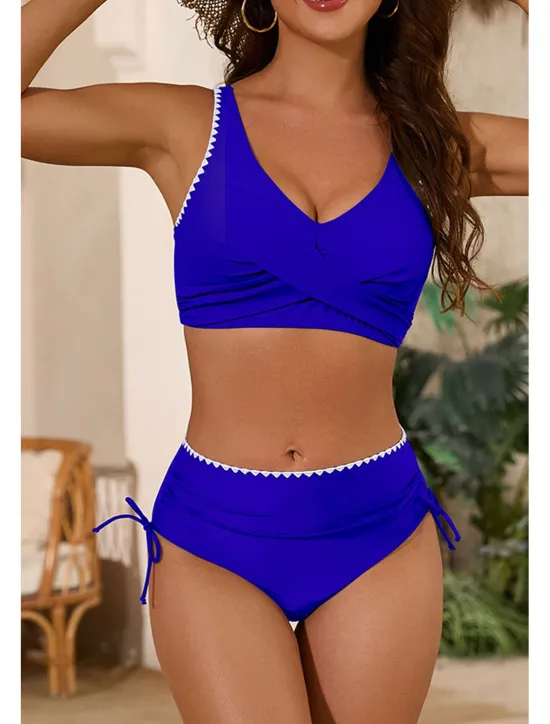 Clearance Women's Swimwear Bikini 2 Piece Swimsuit Ruched Backless Tropical Beach Wear Color Block U Neck Sleeveless Bathing Suits Women Bikinis