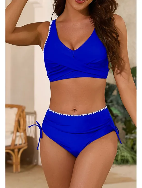 Clearance Women's Swimwear Bikini 2 Piece Swimsuit Ruched Backless Tropical Beach Wear Color Block U Neck Sleeveless Bathing Suits Women Bikinis