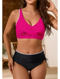 Clearance Women's Swimwear Bikini 2 Piece Swimsuit Ruched Backless Tropical Beach Wear Color Block U Neck Sleeveless Bathing Suits Women Bikinis