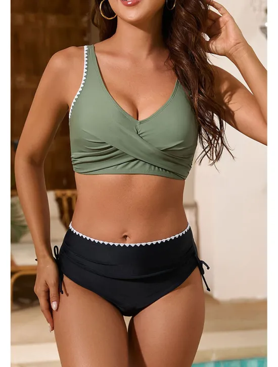 Clearance Women's Swimwear Bikini 2 Piece Swimsuit Ruched Backless Tropical Beach Wear Color Block U Neck Sleeveless Bathing Suits Women Bikinis