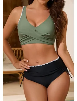Clearance Women's Swimwear Bikini 2 Piece Swimsuit Ruched Backless Tropical Beach Wear Color Block U Neck Sleeveless Bathing Suits Women Bikinis