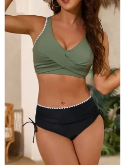 Clearance Women's Swimwear Bikini 2 Piece Swimsuit Ruched Backless Tropical Beach Wear Color Block U Neck Sleeveless Bathing Suits Women Bikinis