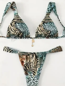 Sale Women's Swimwear Bikini 2 Piece Thong Swimsuit Backless Slim Vacation Beach Wear Leopard V Neck Sleeveless Bathing Suits Women Leopard Swimwear|Bikinis