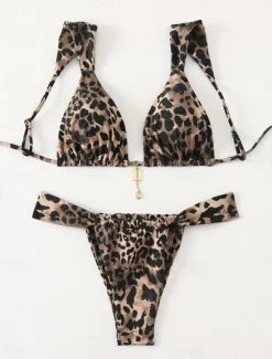 Sale Women's Swimwear Bikini 2 Piece Thong Swimsuit Backless Slim Vacation Beach Wear Leopard V Neck Sleeveless Bathing Suits Women Leopard Swimwear|Bikinis
