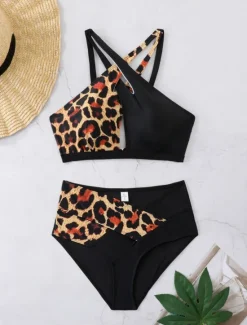 Best Women's Swimwear Bikini 2 Piece Briefs Swimsuit Backless Cut Out Slim High Waisted Vacation Beach Wear Leopard V Neck Sleeveless Bathing Suits Women Bikinis|Leopard Swimwear