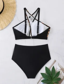 Best Women's Swimwear Bikini 2 Piece Briefs Swimsuit Backless Cut Out Slim High Waisted Vacation Beach Wear Leopard V Neck Sleeveless Bathing Suits Women Bikinis|Leopard Swimwear