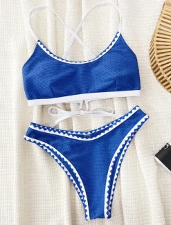 Clearance Women's Swimwear Bikini 2 Piece Cheeky Swimsuit Backless Slim Vacation Beach Wear Solid Color Round Neck Sleeveless Bathing Suits Women Bikinis