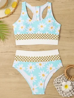 Online Women's Swimwear Bikini 2 Piece Briefs Swimsuit Backless Slim Vacation Beach Wear Floral U Neck Sleeveless Bathing Suits Women Bikinis|Spring Swimwear