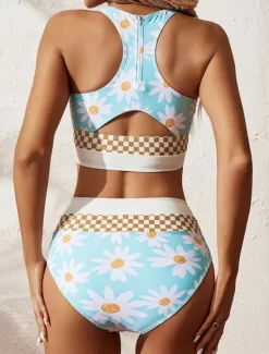 Online Women's Swimwear Bikini 2 Piece Briefs Swimsuit Backless Slim Vacation Beach Wear Floral U Neck Sleeveless Bathing Suits Women Bikinis|Spring Swimwear