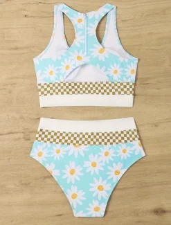 Online Women's Swimwear Bikini 2 Piece Briefs Swimsuit Backless Slim Vacation Beach Wear Floral U Neck Sleeveless Bathing Suits Women Bikinis|Spring Swimwear