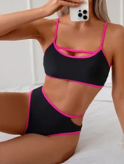 Sale Women's Swimwear Bikini 2 Piece Briefs Swimsuit Backless Slim High Waisted Vacation Beach Wear Solid Color U Neck Sleeveless Bathing Suits Women Bikinis
