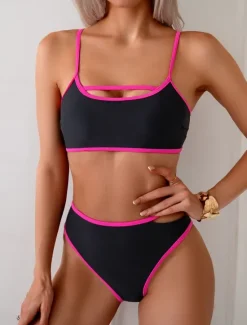 Sale Women's Swimwear Bikini 2 Piece Briefs Swimsuit Backless Slim High Waisted Vacation Beach Wear Solid Color U Neck Sleeveless Bathing Suits Women Bikinis