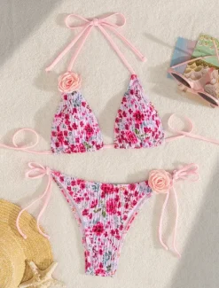 Clearance Women's Swimwear Bikini 2 Piece Thong Swimsuit Backless Slim Vacation Beach Wear Floral Halter Neck Sleeveless Bathing Suits Women Bikinis|Leopard Swimwear
