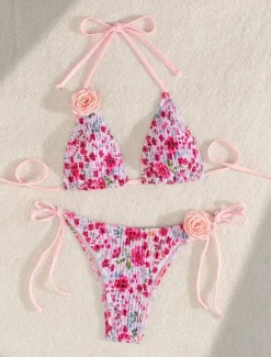 Clearance Women's Swimwear Bikini 2 Piece Thong Swimsuit Backless Slim Vacation Beach Wear Floral Halter Neck Sleeveless Bathing Suits Women Bikinis|Leopard Swimwear