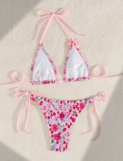 Clearance Women's Swimwear Bikini 2 Piece Thong Swimsuit Backless Slim Vacation Beach Wear Floral Halter Neck Sleeveless Bathing Suits Women Bikinis|Leopard Swimwear
