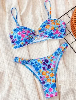 New Women's Swimwear Bikini 2 Piece Cheeky Swimsuit Backless Slim Vacation Beach Wear Floral V Neck Sleeveless Bathing Suits Women Bikinis