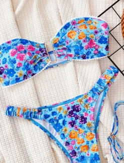New Women's Swimwear Bikini 2 Piece Cheeky Swimsuit Backless Slim Vacation Beach Wear Floral V Neck Sleeveless Bathing Suits Women Bikinis
