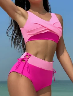 Women's Swimwear Bikini 2 Piece Briefs Swimsuit Backless Slim High Waisted Vacation Beach Wear Solid Color V Neck Sleeveless Bathing Suits Women Bikinis