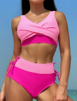 Women's Swimwear Bikini 2 Piece Briefs Swimsuit Backless Slim High Waisted Vacation Beach Wear Solid Color V Neck Sleeveless Bathing Suits Women Bikinis