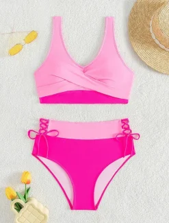 Women's Swimwear Bikini 2 Piece Briefs Swimsuit Backless Slim High Waisted Vacation Beach Wear Solid Color V Neck Sleeveless Bathing Suits Women Bikinis