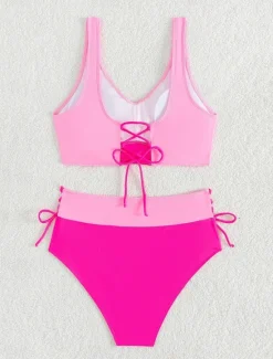 Women's Swimwear Bikini 2 Piece Briefs Swimsuit Backless Slim High Waisted Vacation Beach Wear Solid Color V Neck Sleeveless Bathing Suits Women Bikinis