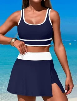 Outlet Women's Swimwear Bikini 2 Piece Skirt Swimsuit Backless Slim Vacation Beach Wear Solid Color U Neck Sleeveless Bathing Suits Women Bikinis