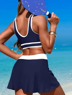 Outlet Women's Swimwear Bikini 2 Piece Skirt Swimsuit Backless Slim Vacation Beach Wear Solid Color U Neck Sleeveless Bathing Suits Women Bikinis