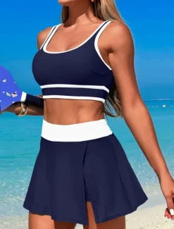Outlet Women's Swimwear Bikini 2 Piece Skirt Swimsuit Backless Slim Vacation Beach Wear Solid Color U Neck Sleeveless Bathing Suits Women Bikinis